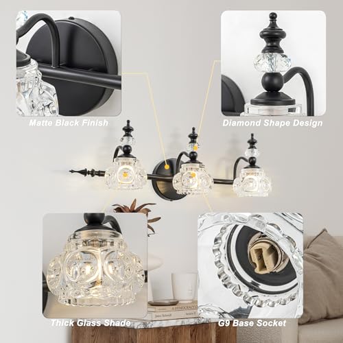 Image of Bathroom Vanity Light Fixtures, Farmhouse Vintage Wall Sconce Lighting with Glass Shade, Bath Vintage Wall Mounted Lamps for Mirror (3 Lights,Matte Black,G9 Base)