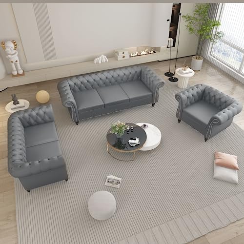 Image of QHITTY 3 Piece Living Room Set, Sectional Chesterfield Sofa Chair Contemporary Upholstered Leather Loveseat Couch Sets for Living Room, Bedroom, Office