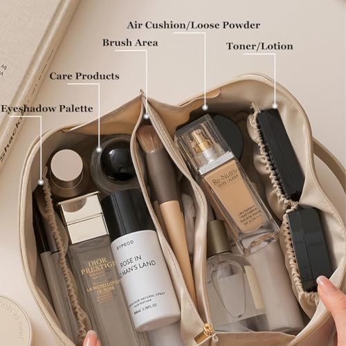 Travel Makeup Organizer Bag, Large Capacity PU Leather Cosmetic Bag for Women, Waterproof Portable Pouch Open Flat Toiletry Bag with Divider and Handle, Spacious Opening and Multi-Compartment Storage2