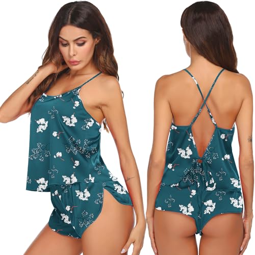 Image of Ekouaer Silk Pajamas Set for Women Satin Backless Lingerie Pjs Cami Top and Shorts Nightwear