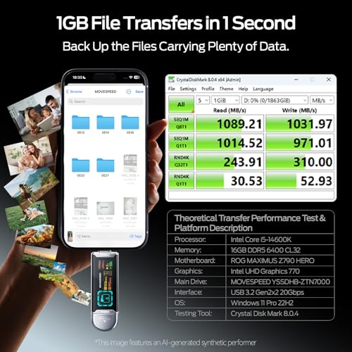 Image of MOVE SPEED 1TB Solid State Drives with Smart Display 1090MB /s USB 3.2 Gen2 and Type C with Dual Ports for ProRes 4K Video iPhone 17 /16 /15, Android Phone, Windows, Mac