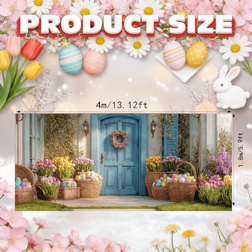 Image of Spring Blue Door Garage Cover 157x70 inch Easter Eggs Basket Tulip Floral Wreath Outdoor Mural Banner Farmhouse Waterproof Home Decor