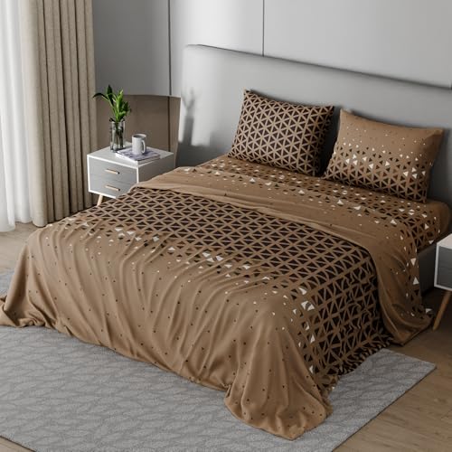 Image of BLISSHOME SoftTouch 150TC Cotton King Size Printed Bedsheet with 2 Pillow Covers for Double Bed, Silky Smooth Bedding Set, Breathable, Easy Maintain, Geometric Pattern - Mocha Brown (228cm X 274cm)