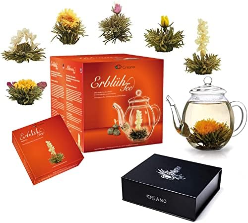 Creano Teeblumen Mix - Geschenkset"ErblühTee" mit Glaskanne & 6 Teekugeln Weißtee +Magnetbox mit 6 Teeblumen weißer Tee, insgesamt 12 ErblühTee in 6 verschiedene Sorten