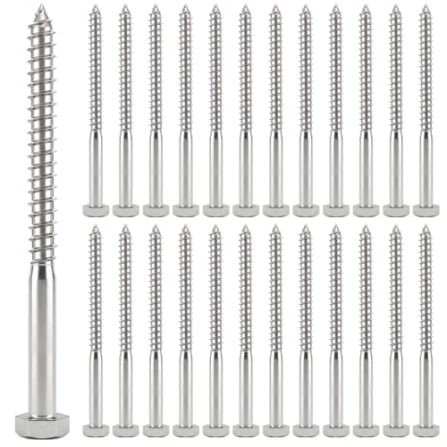 Zonon 25 Pcs 3/8" X 6" 304 Stainless Steel Lag Screw for Wood, Silver