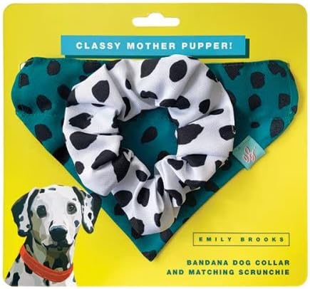 Emily Brooks Dog Collar Bandana & Matching Scrunchie, Dalmation Spot Print, Green, 30-39cm, Canvas, Adjustable