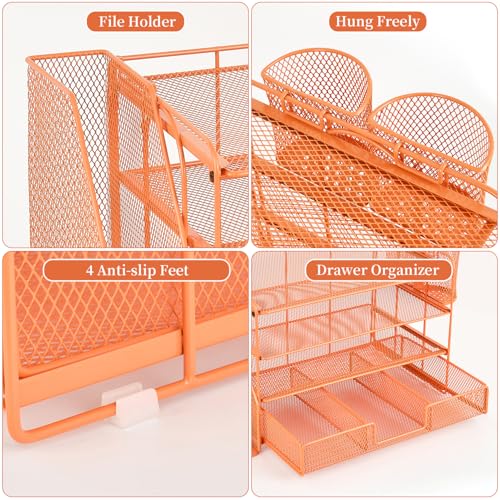 Image of gianotter Paper Letter Tray Organizer with File Holder, 4-Tier Desk Accessories & Workspace Desk Organizers with Drawer and 2 Pen Holder for Office Supplies (Orange)