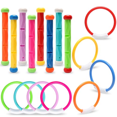 PARENTSWELL 16 PCS Pool Toys for Kids, Diving Toys Set for Swimming Pool Including Dive Rings & Sticks, Colorful Sinking Toys for Summer Water Games, Party Favor for Boys Girls