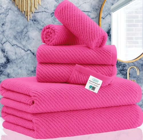 Hot Pink Towels - 100% Cotton Soft Quick Dry Lightweight Towel Set of 6 2 Large Bath 30x56 2 Thick Hand 18x28 2 Absorb Washcloths 13x13 Pink Bath Towel with Hanging Loop Luxury Gift Set