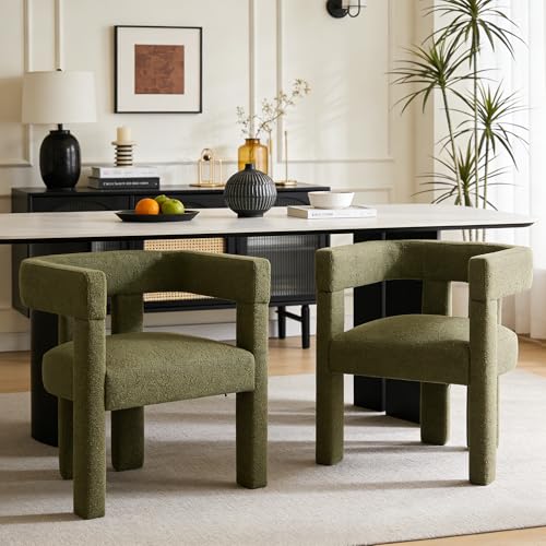 Modern Dining Chair Set of 2 / Living Room Chairs, Fabric Armchair, Upholstered Barrel Chair for Living Room Kitchen Reception (White Teddy, Set of 2)