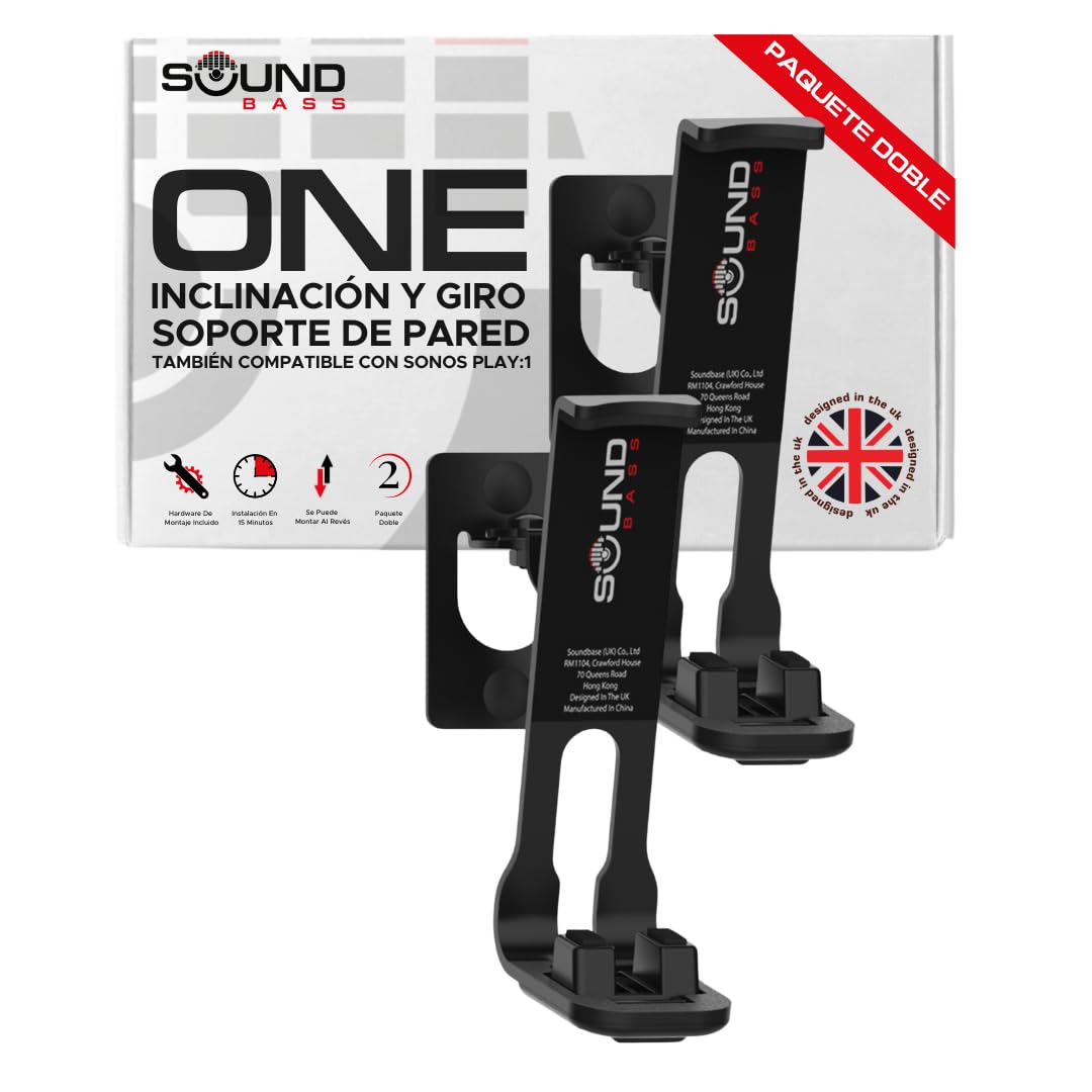 Sound bass 2 x Soporte de Montaje en Pared One, One Gen 2, One SL, Play:1 - Pack Doble - Negro - Compatible con Sonos One, One Gen 2, ONESL & Play:1, diseñado en el Reino Unido