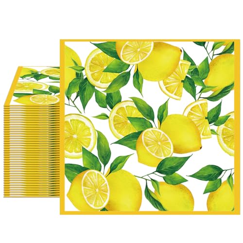 40pcs Lemon Paper Napkins 2 Ply Yellow Citrus Fruit Theme Disposable Napkins Decorative for Kitchen Bathroom Lemon Decor Themed Party Supplies 6.5x6.5 Inch