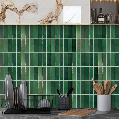 WALPLUS Lot de 6 Pièces Carreaux Adhesif Cuisine 30.5x30.5 cm Stickers Muraux Cuisine Amovible Carrelage Adhesif Mural Vert Mousse Foncé Credence Adhesive...