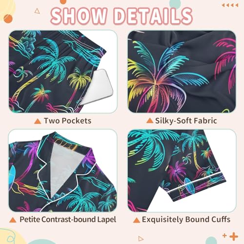 senya Palm Trees Surfboards Satin Summer Pajama Sets Silk Short Sleeve Button Down Sleepwear3