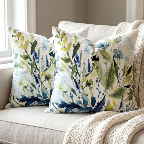 Decorative Velvet Pillow Covers 18x18 Set of 2, Sage Green Floral Covers