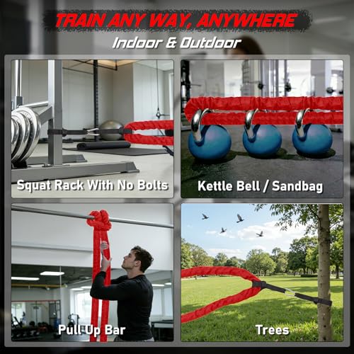 Battle Rope for Home Gym Workout - 1.5 Inch 30ft Heavy Weighted Training Exercise Ropes Fitness Equipment with Sleeve and Anchor Strap Kit for Outdoor Working Out - Red by Triberion - Used condition - Image 8
