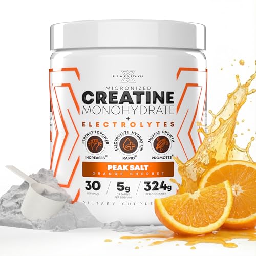 Image of Peak Revival-X Creatine Monohydrate Powder + Electrolyte Hydration Salt Powder, Orange Sherbet - Gluten-Free, Vegan, Non-GMO Supplement, 5000mg (5g) Per Serving, 30 Servings, 324g Per Container