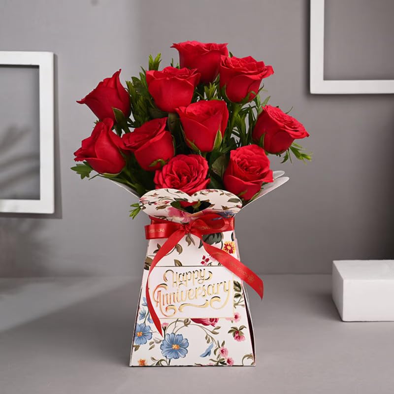 FlowerAura Fresh Live Flower Bouquet of 10 Red Rose Flower In Happy Anniversary Box Special Anniversary Gift For Girlfriend, Boyfriend, Wife, Husband, Parents, Friends & Relatives (Same Day Delivery)