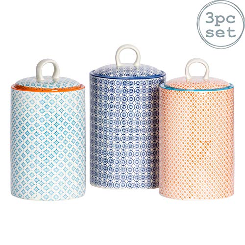 Nicola Spring 3pc Hand-Printed Tea Coffee Sugar Canister Set - Porcelain Kitchen Storage Canisters - 3 Colours - 1L