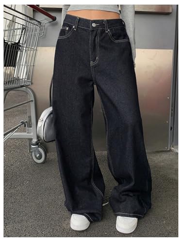 OYOANGLE Women's Denim Wide Leg Straight Jeans Y2K Baggy Loose Mid-Rise Pocket Casual Pants3