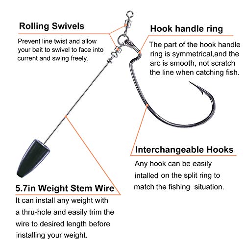 TOPFORT Punch Shot Rig Kit, High Carbon Steel Crank Hook Attached Roller Swivels 5g Sinkers, Interchangeable Hook Fishing Accessories, Carbon Steel Fishing Gear(3/0 EWG Hooks)