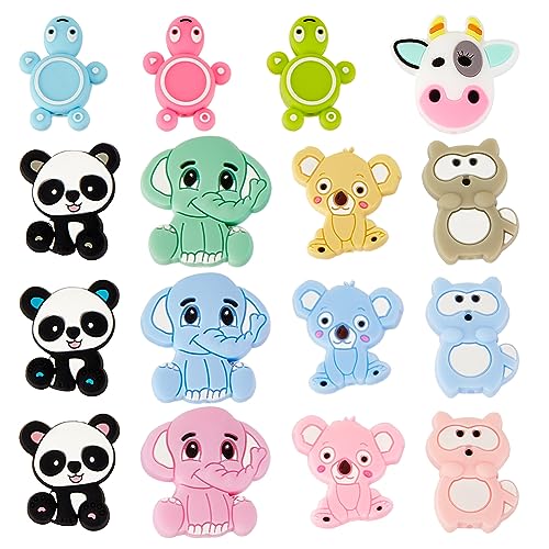 OLYCRAFT 16Pcs 16Style Perles en Silicone pour Animaux avec Trou de 2mm Perles Koala Tortue Elephant Panda Perles en Silicone Extensibles pour la Fabrication de Porte-clés de Colliers et de Bracelets