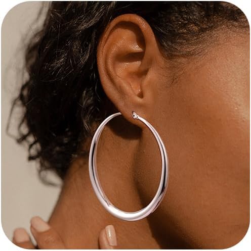 MBWSilver Hoo Earrings for Women, Dainty Silver Chunky Hoop Earrings for Women Trendy Big Oval Large Thick Medium Hypoallergenic Lightweight Hoops Earring Fashion Jewelry for Women (30/40/50/60mm)