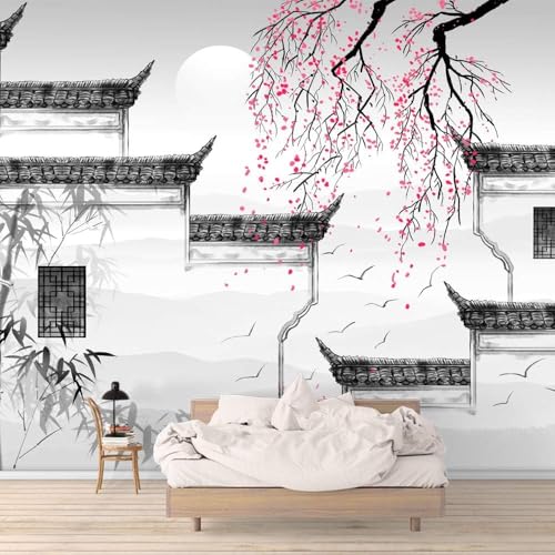 Papier peint panoramique paysage chinois fleurs rouges 3D - 2