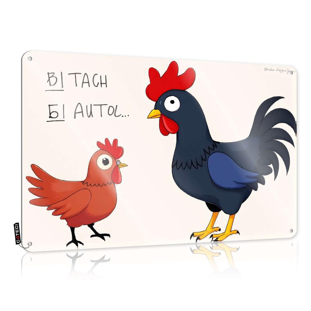Sujd Colour A Cartoon Of Two Chickens, One Saying "Bitch Autol." Decore Campers Hanging | Rustic Funny Sign Gift For Lawyer Vintage Metal Wall Decor(20X30cm)