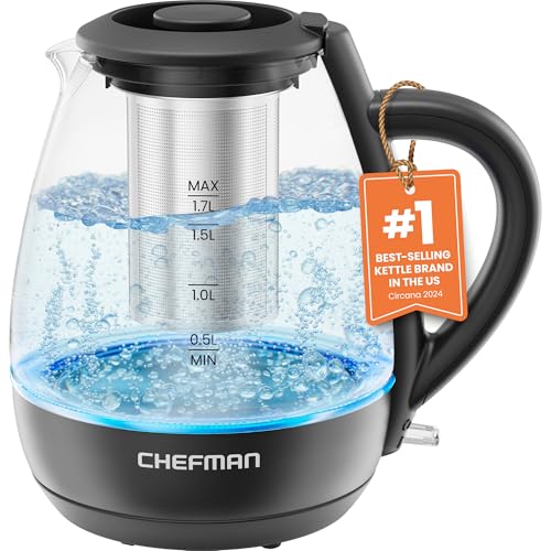 Chefman Electric Kettle with Tea Infuser, 1.7L 1500W, Removable Lid for Easy Cleaning, Boil-Dry Protection, Stainless Steel Filter, BPA Free, Auto Shut Off Hot Water Boiler, Glass Electric Tea Kettle