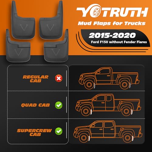 Image of Mud Flaps for Trucks | Fits 2015-2020 Ford F150 Without Fender Flares, Front & Rear Splash Mud Guards, 4PC-Black