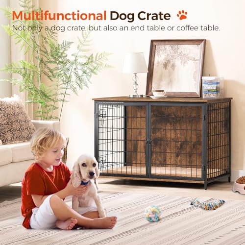 Dog-Crate-Furniture-with-Cushion-Wooden-Dog-Kennel-with-Double-Doors-Heavy-Duty-Dog-Cage-for-SmallMediumLarge-Dogs-Indoor-Dog-House-End-Table-394-L-Rustic-Brown-DCHR10701 Dog Crate Furniture with Cushion Wooden Dog Kennel with Double Doors Heavy Duty Dog Cage for SmallMediumLarge Dogs Indoor Dog House End Table 394 L Rustic Brown DCHR10701