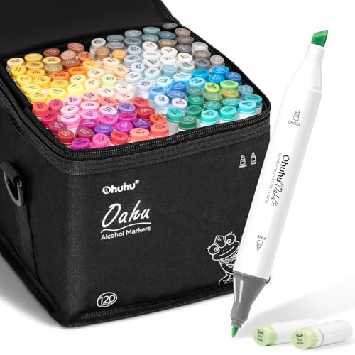 Ohuhu Marqueurs permanent à Double pointes 120 couleurs Surligneurs avec étui de transport pour le dessin Esquisse Coloriage pour adultes Soulignement et surlignement (120 Couleurs)