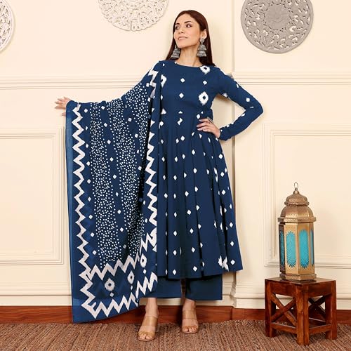 Image of ANNI Designer | Rayon Anarkali Printed Kurta with Pant & Dupatta | Cotton Kurta Set for Women | Stylish Co-Ord Set with Dupatta Ethnic Dress for Women