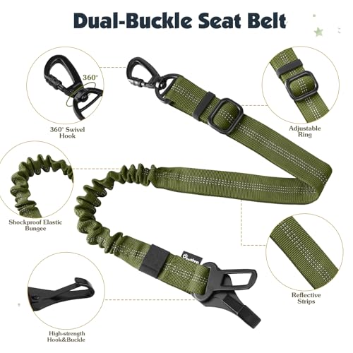 Pawaboo Dog Seat Belt Harness for Car, Dog Car Harness Seatbelt with Double Clips, Adjustable Breathable Pet Vest & Dogs Safety Tether with Elastic Bungee for Small Medium Large Pet, XL, Green + Black by Pawaboo - Image 3
