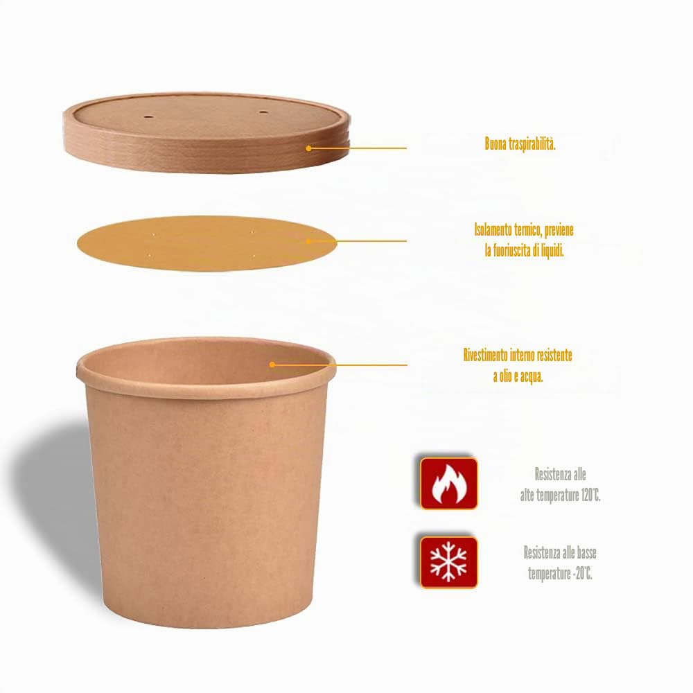 Contenitore per Alimenti da Asporto, 25 Pezzi Scatola di Zuppa, Scatole di Pasta, Ciotole Insalata, Con Copertina di Carta, A Prova di Acqua e Olio, per Ristorante Catering e Feste(26oz/800ml)
