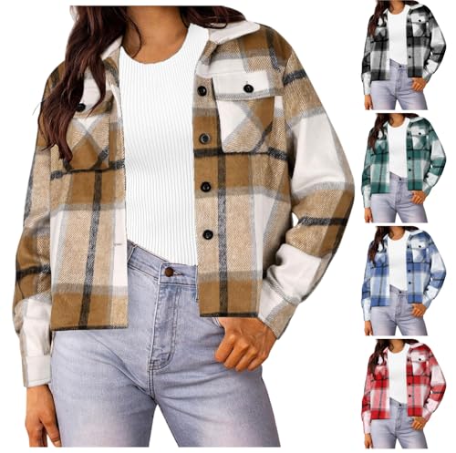 Shackets for Women 2025 Cropped Flannel Bomber Jacket Dressy Casual Fall Jackets Plaid Button Down Coats with Pockets