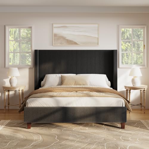 Image of HOWE King Size Bed Frame with 50.8 Inch Corduroy Wingback Headboard, Black | Modern Upholstered Platform Bed, Solid Wood Slats, No Box Spring Needed, Noise-Reducing Design
