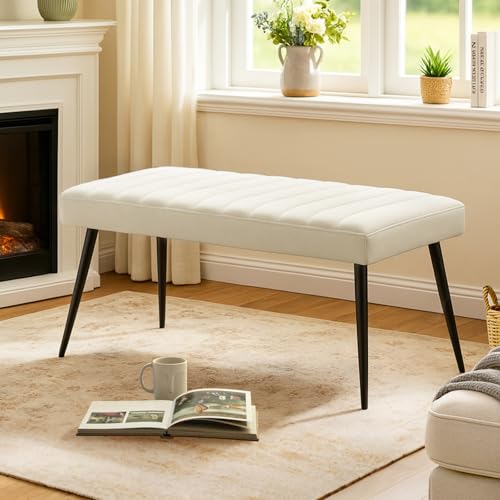 LEMROE Velvet Padded Dining Bench Vintage End of Bed Upholstered Seat with Metal Legs for Entryway Window Seat for Bedroom Living Room 100cm (Cream)