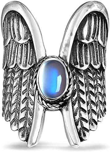 Big Large Angel Wings Moonstone Feather Wide Bands Ring for Women Girls,S925 Sterling Silver Full Finger Wide Bands Thumb Index Finger Ring,Retro Vintage Punk Gothic Biker Cocktail Gem Gemstone Crystal Stone Ring Jewelry Gift for Her (Ring_A, 9)