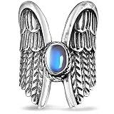 Big Large Angel Wings Moonstone Feather Wide Bands Ring for Women Girls,S925 Sterling Silver Full Fi