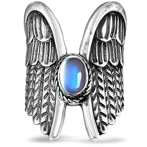 Big Large Angel Wings Moonstone Feather Wide Bands Ring For Women Girls,S925 Sterling Silver Full Finger Wide Bands Thumb Index Finger Ring,Retro Vintage Punk Gothic Biker Cocktail Gem Gemstone Crystal Stone Ring Jewelry Gift For Her (Ring_A, 9) #TOP8