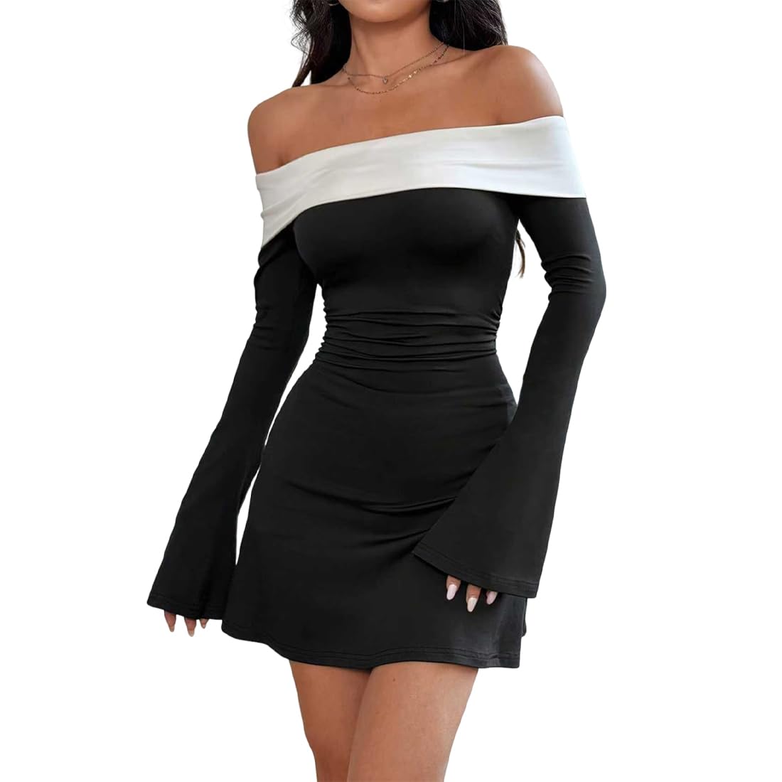 Robe Femme Sexy à Manches Longues Mini Robes Moulante Épaules Dénudées Élégante Robes Courte Plis A-Ligne Robe de Soirée Chic et Glamour Bloc de Couleur pour Cocktail Fête Clubbing Automne