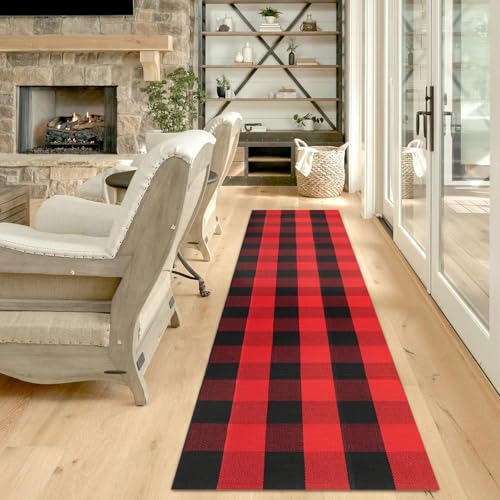 IOHOUZE-Christmas-Buffalo-Plaid-Runner-Rug-2×8-Ft-Outdoor-Indoor-Runner-Rug-Red-Black-Check-Washable-Hallway-Runner-Woven-Cotton-Checkered-Kitchen-Rug-Christmas-Decor-for-Entryway-Hallway-Kitchen IOHOUZE Christmas Buffalo Plaid Runner Rug 2×8 Ft Outdoor Indoor Runner Rug Red Black Check Washable Hallway Runner Woven Cotton Checkered Kitchen Rug Christmas Decor for Entryway Hallway Kitchen