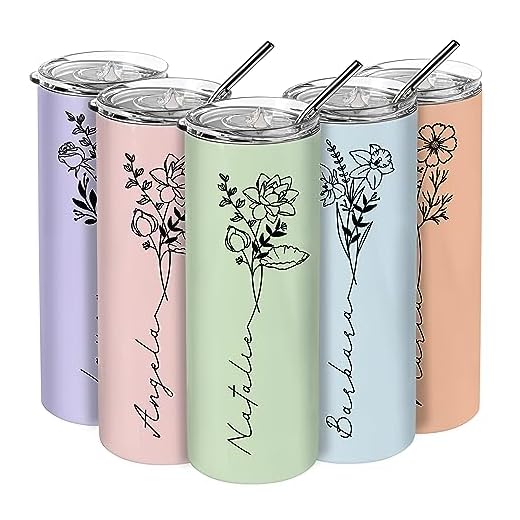 Birthday Gifts for Women, Personalized Tumblers with Birth Flower and Name, 10 Colors - 20 Oz, Skinny Tumblers for Women