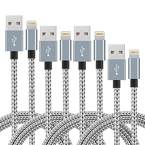 iPhone Cable 4pcs 3FT 6FT 6FT 10FT Nylon Braided Cord Charger Compatible with iPhoneX/iPhone8/8Plus/7/7Plus/6/6s/6Plus and More (Grey+ White)