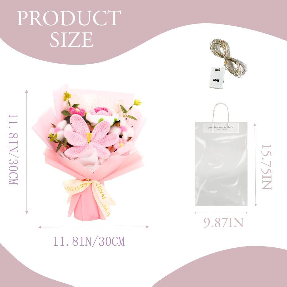 Crochet Rose Flower Bouquet: Handmade Rose Artificial Flowers for Festival Wedding Graduation Anniversary Valentines Day Birthday Home Decor (Pink Opening Tulips) - Image 2