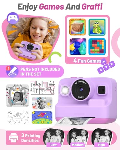 Image of Yehtta Kids Instant Print Camera,Dual-Lens Selfie Camera for Kids, Purple | Christmas Birthday Gifts Toys for 3-12 Year Old Girls, 2.4in Screen 1080P Kid Digital Camera,Portable Toys for 3-12
