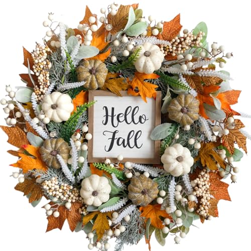 Image of 24inch Thanksgiving Fall Wreath, Eucalyptus Berries Pumpkins Lamb Ears Leaves Autumn Wreaths for Front Door, Fall Decor, Porch Wall, Home Outdoor Holiday Decorations Wreath for Autumn(24in)