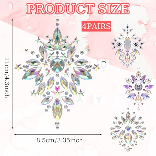 4 Pairs Rhinestone Pasties, Crystal Nipple Tassels Women, Nipple Covers Sexy Jewelry Non Piercing for Body3